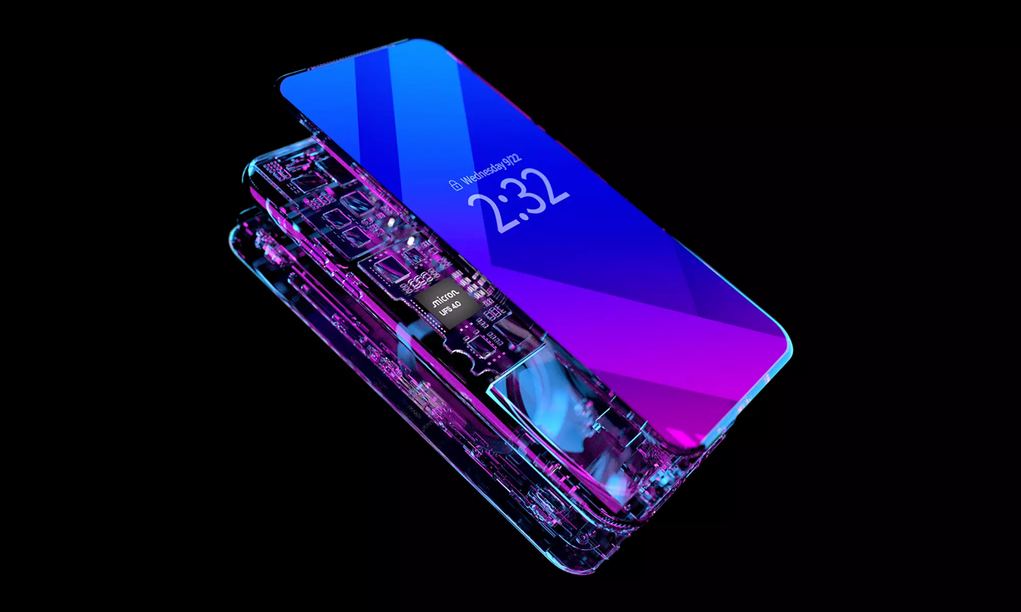 Image of deconstructed smartphone showing multiple layers of electronics and circutry under the screen