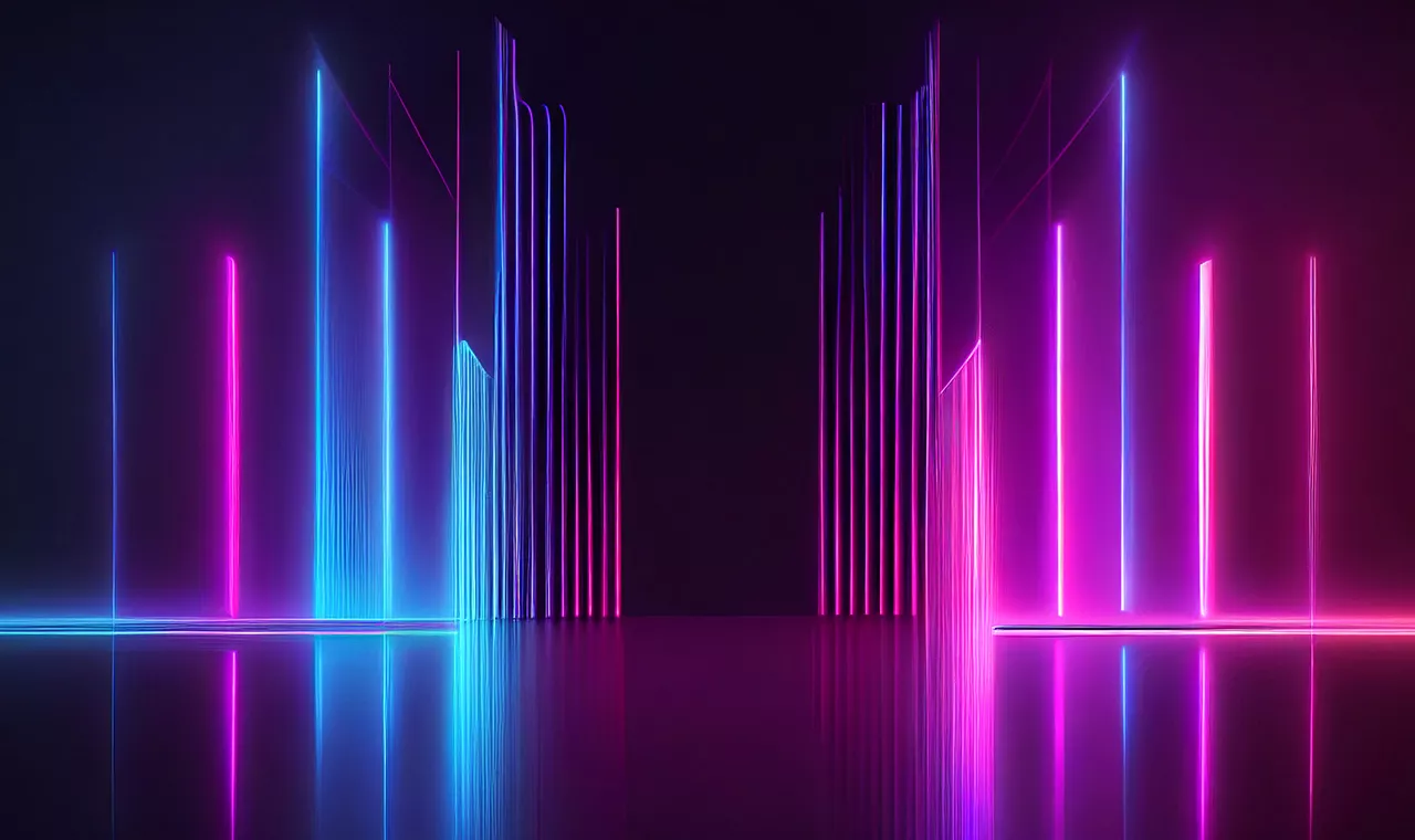 3D abstract render of pink and blue lighted bars and lines receding to background
